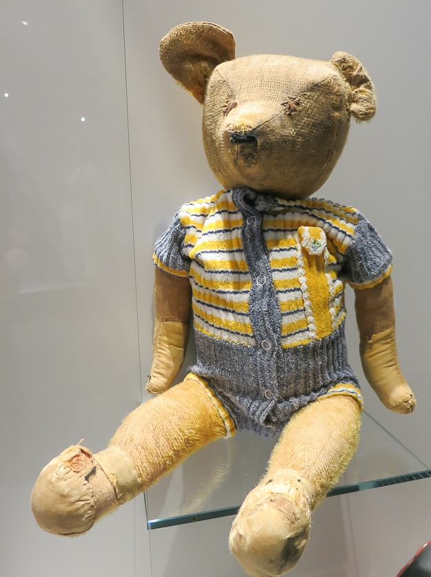 A teddy bear that was found and delivered to its owner by an American soldier.
