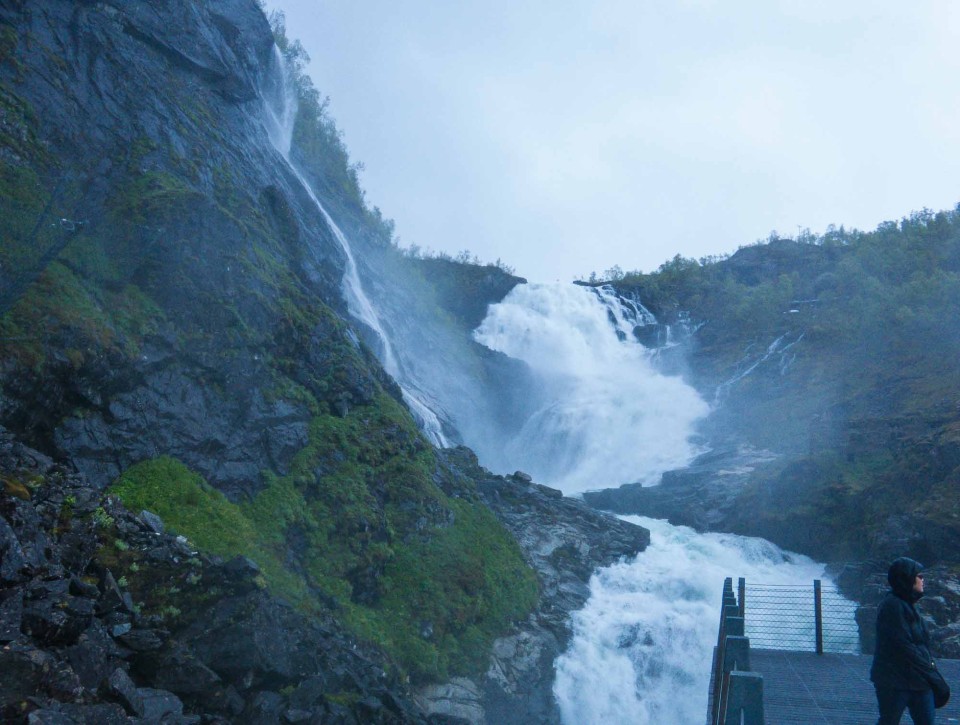 The Flåm train stops briefly so that passengers can get photos of the waterfall–if their cameras aren't soaked first. 