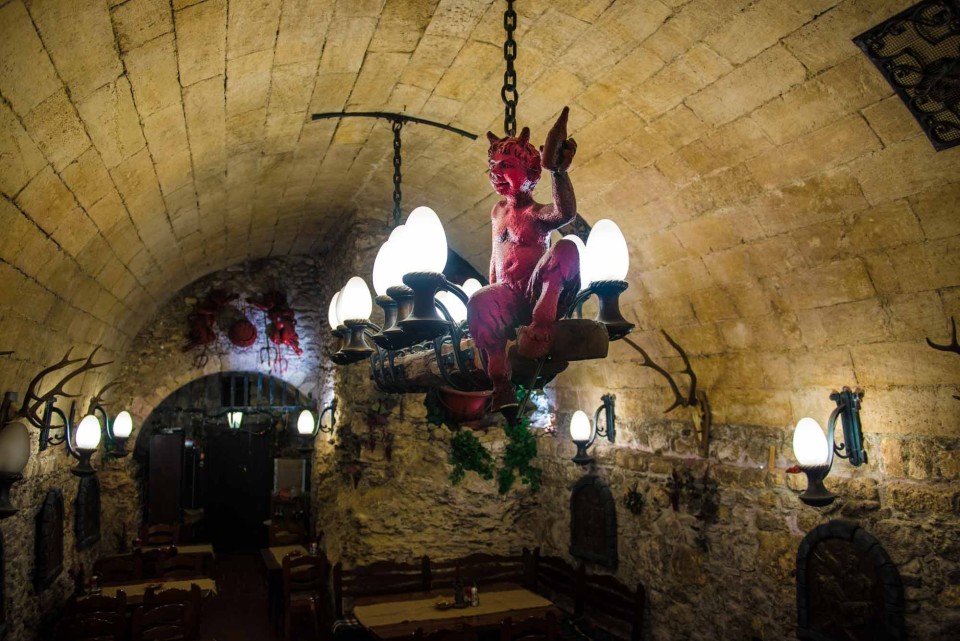 A small part of the immense cave system under old Buda. Through history, the caves have been used for hiding, storage, spring water–and now tours and restaurants. 