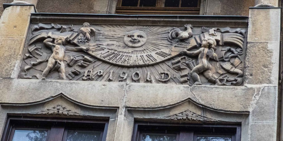 Sundial on the facade of a Brody Street building. Brody Street is basically a street of connected palaces of the Budapest aristocracy built in the 19th and early 20th Centuries.