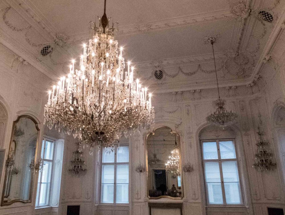 The mirrored hall with chandeliers served as the ballroom of Festetics Palace, Budapest.