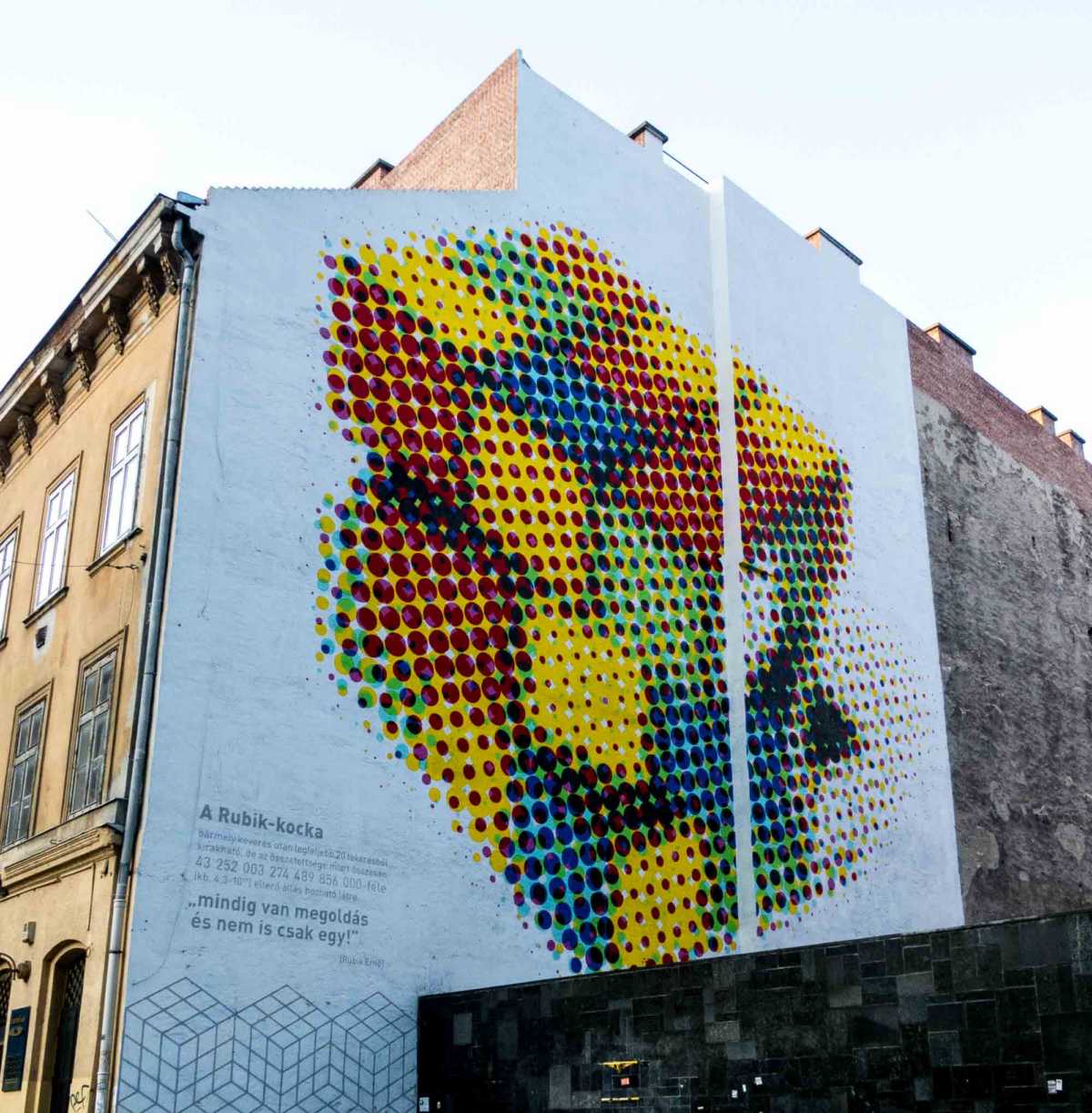 A mural recognizing Hungarian Ernö Rubik's contribution to design and puzzling.