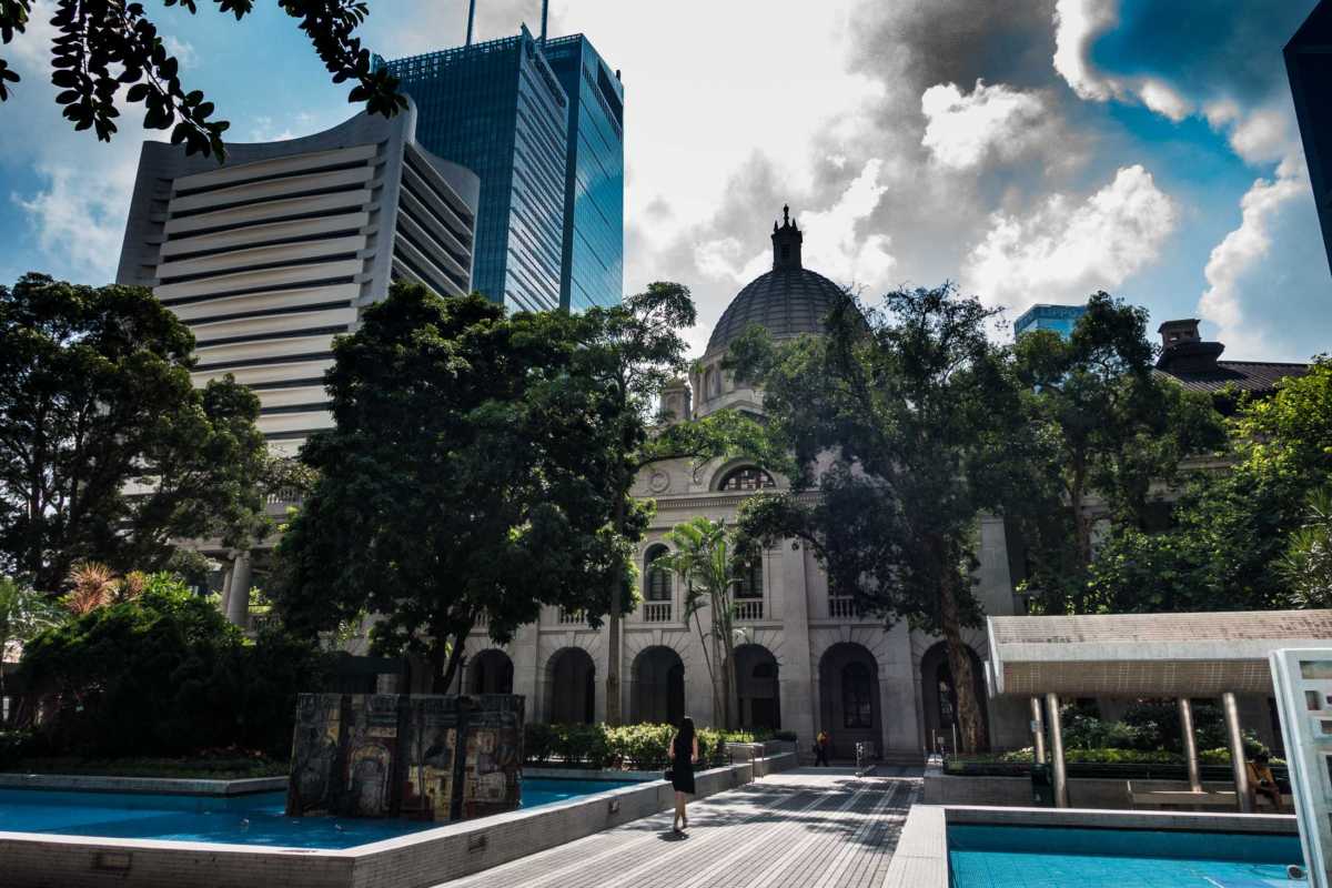 The classic courts building in Hong Kong, now surrounded by skyscrapers.