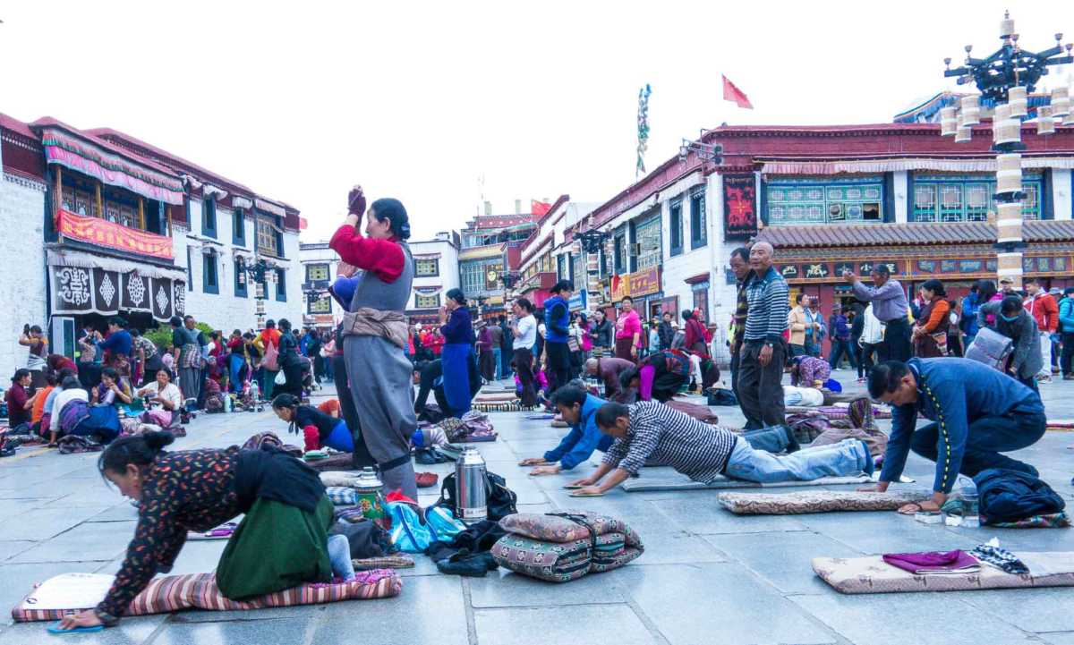 Approaching Jokhang Temple, the spiritual center of Tibet in Lhasa 