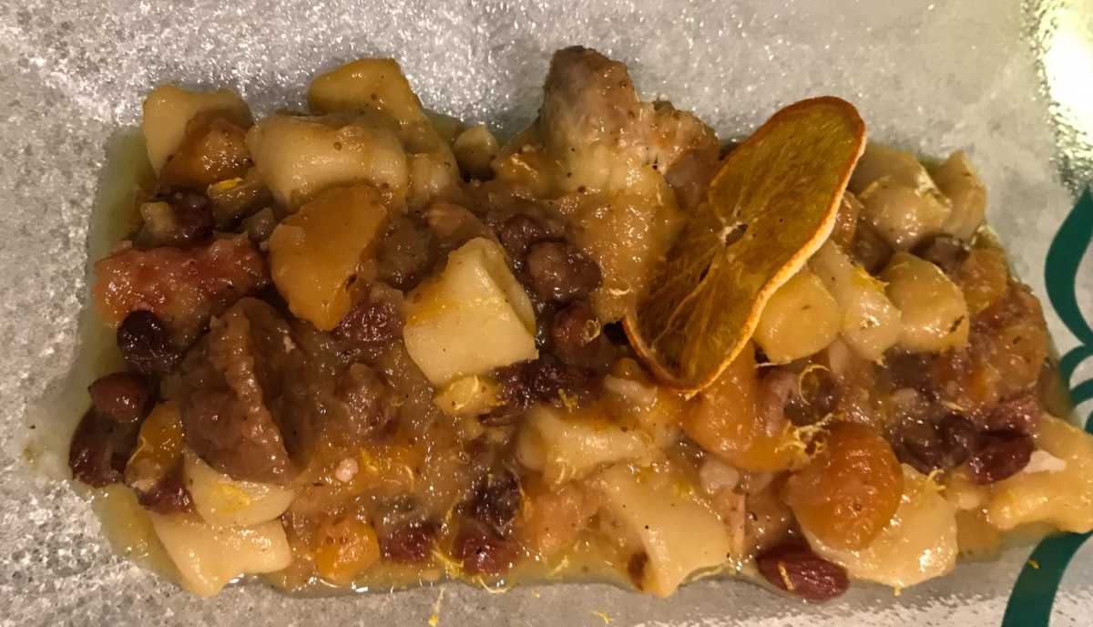 Capon prepared with figs, apricots, and gnocchi.