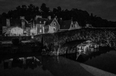 Dinan, France at Night France_Brittany_dinan old city bridge bw