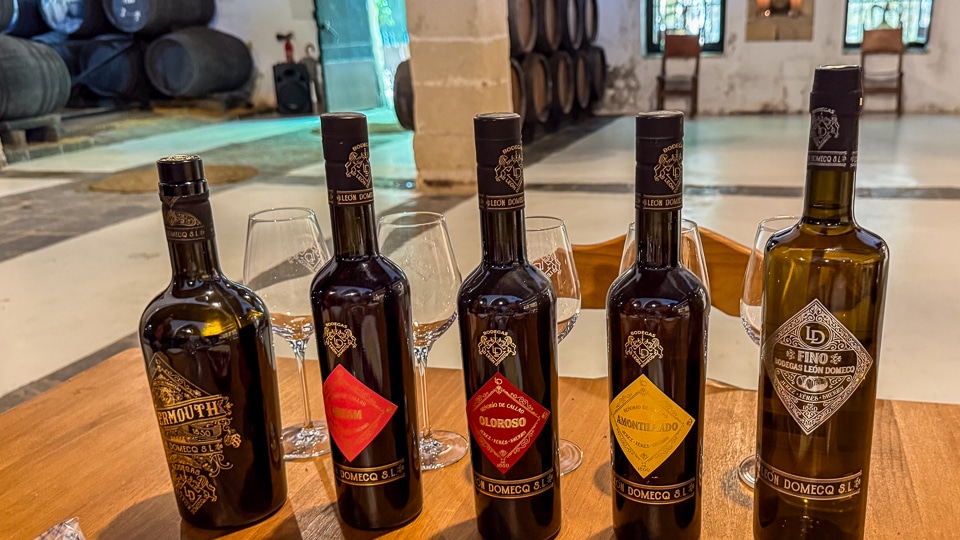 Range of sherry wine bottles from Bodegas León Domecq in Jerez de la Frontera Andalucía Spain