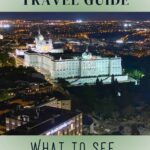 Pin 2 (Royal Palace and Almudena Cathedral at night): Madrid travel guide: aerial night view of the illuminated Royal Palace of Madrid and Almudena Cathedral — what to see, do, and eat in Spain's capital