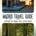 Madrid travel guide: Temple of Debod at golden hour sunset and a shaded walking path through Retiro Park — what to see, do, and eat in Madrid, Spain