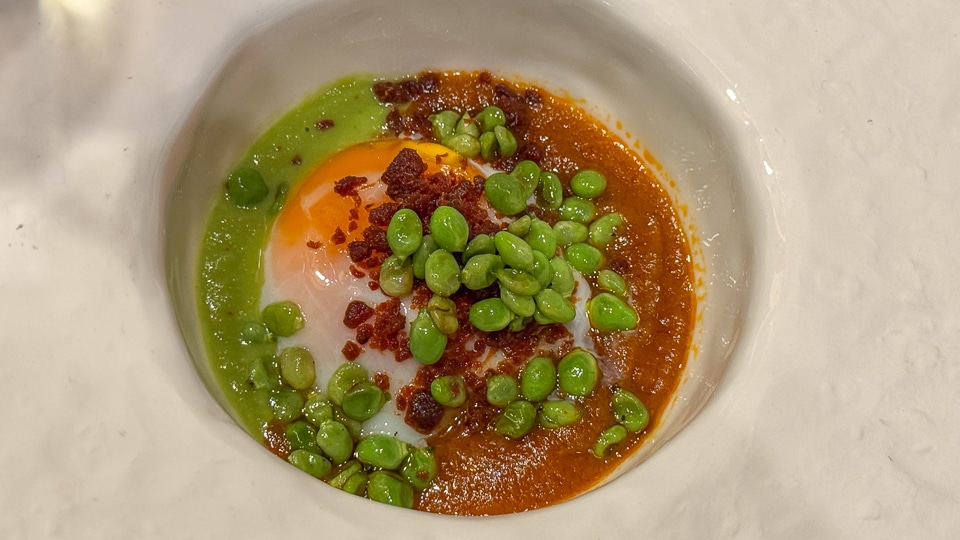Eggs a la Flamenco with two sauces and a taste of amontillado sherry at La Carboná restaurant in Jerez
