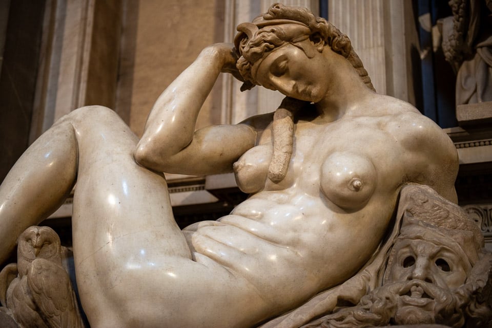The sculpture Night by Michelangelo, part of the tomb of Giuliano de' Medici located in the Medici Chapels in Florence, Italy.