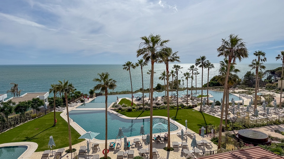 Swimming pools and ocean views over the Bay of Cádiz from Hotel Resort Punta Bermeja in El Puerto de Santa María Spain