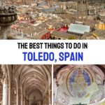 Rooftop panorama of Toledo, Spain showing the Alcázar and Cathedral tower, with the Gothic cloister of San Juan de los Reyes and a Romanesque Christ fresco — best things to do in Toledo, Spain.