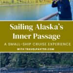 Picture of photographer shooting from ship cabin's balcony, and a humpback whale fluke close by. A small-ship cruise through the Inner Passage, with an itinerary taking us to small towns, remote glaciers, beautiful scenery and active wildlife, provides a coherent introduction to Alaska, its native cultures, and the American Cruise Lines ship experience that made it possible.