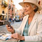 Woman seated outdoors using phone for travel