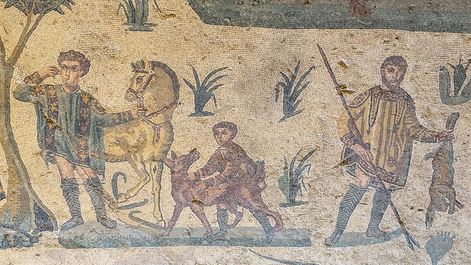 Small Hunt mosaic of a man leading a horse, a boy with a hunting dog, and a hunter carrying a spear and a dead hare